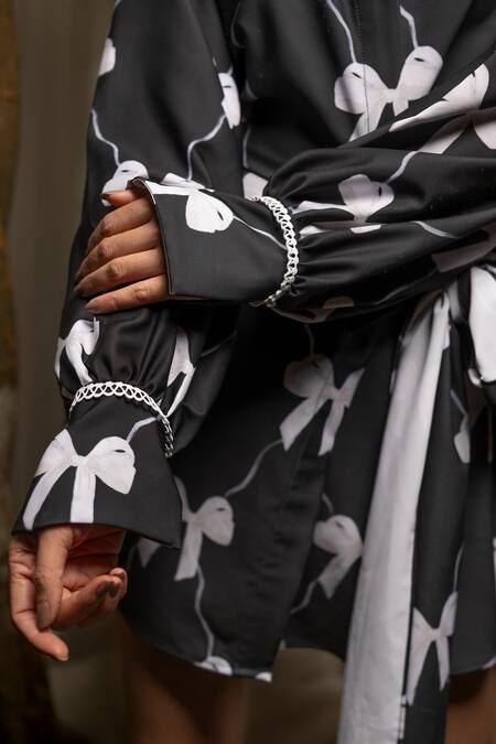 Buy Sonam Parmar Jhawar Black Art Linen Printed Bow Collared Dress Online at Aza Fashions Buy_Sonam Parmar Jhawar_Black Art Linen Printed Bow Collared Dress_Online_at_Aza_Fashions