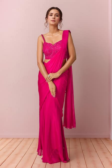 Samyukta Singhania Pink Chinon Embroidery Cutdana Sweetheart Pre-draped Saree With Moti Blouse 