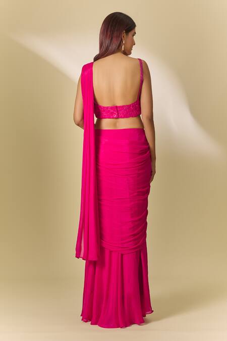 Shop Samyukta Singhania Pink Chiffon Cut Work, Sequins, Mirrors Sweetheart Neck Pre-draped Saree Set at Aza Fashions Shop_Samyukta Singhania_Pink Chiffon Cut Work, Sequins, Mirrors Sweetheart Neck Pre-draped Saree Set_at_Aza_Fashions