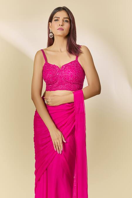 Samyukta Singhania Pink Chiffon Cut Work, Sequins, Mirrors Sweetheart Neck Pre-draped Saree Set Online at Aza Fashions Samyukta Singhania_Pink Chiffon Cut Work, Sequins, Mirrors Sweetheart Neck Pre-draped Saree Set_Online_at_Aza_Fashions