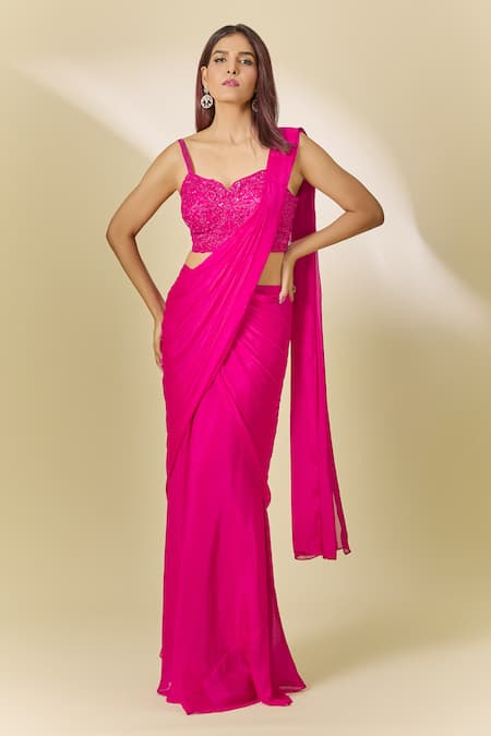 Buy Samyukta Singhania Pink Chiffon Cut Work, Sequins, Mirrors Sweetheart Neck Pre-draped Saree Set Online at Aza Fashions Buy_Samyukta Singhania_Pink Chiffon Cut Work, Sequins, Mirrors Sweetheart Neck Pre-draped Saree Set_Online_at_Aza_Fashions