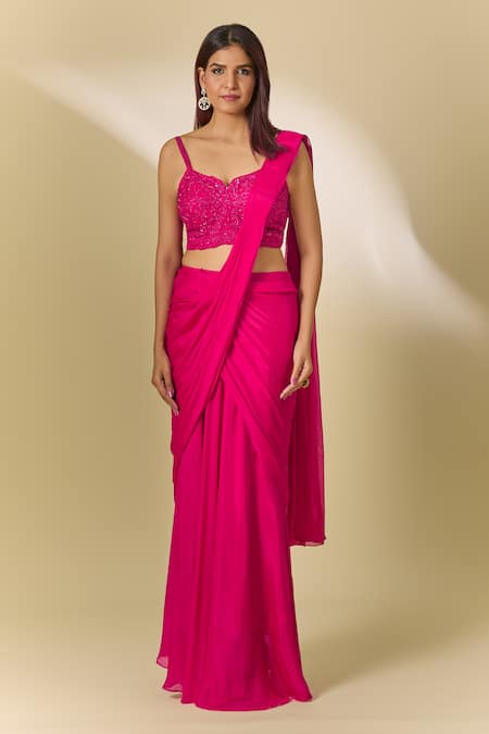 Buy Samyukta Singhania Pink Chiffon Cut Work, Sequins, Mirrors Sweetheart Neck Pre-draped Saree Set Buy_Samyukta Singhania_Pink Chiffon Cut Work, Sequins, Mirrors Sweetheart Neck Pre-draped Saree Set