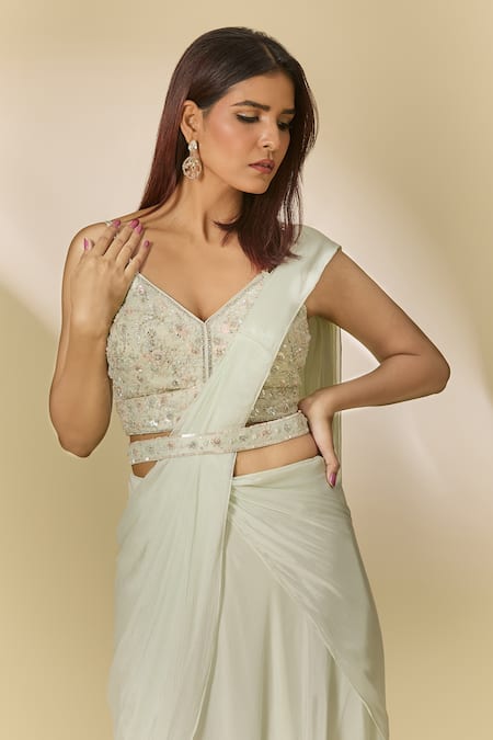 Buy Samyukta Singhania White Chiffon Cut Work, Sequins V-neck Pre-draped Saree And Embroidered Blouse Online at Aza Fashions Buy_Samyukta Singhania_White Chiffon Cut Work, Sequins V-neck Pre-draped Saree And Embroidered Blouse_Online_at_Aza_Fashions