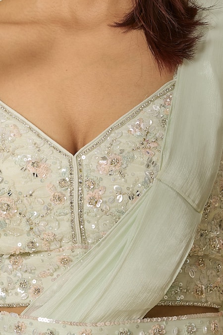 Shop Samyukta Singhania White Chiffon Cut Work, Sequins V-neck Pre-draped Saree And Embroidered Blouse Online at Aza Fashions Shop_Samyukta Singhania_White Chiffon Cut Work, Sequins V-neck Pre-draped Saree And Embroidered Blouse_Online_at_Aza_Fashions