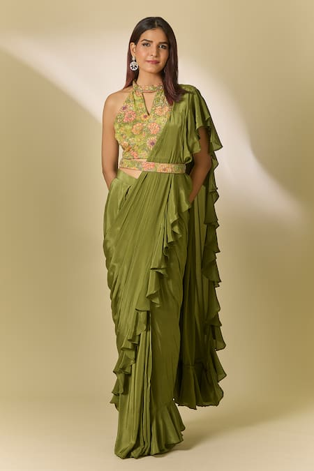 Samyukta Singhania Green Crepe Printed Floral Keyhole Pre-draped Ruffle Saree With Blouse  3