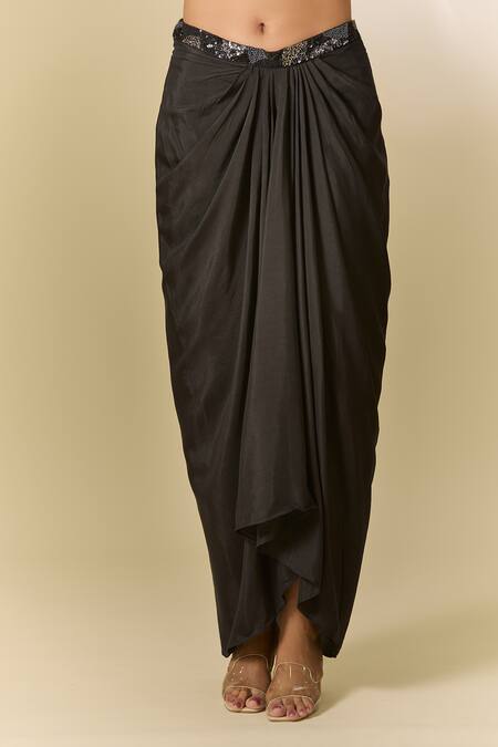 Samyukta Singhania_Black Organza, Modal Cut Work, Sequins, Embroidered Cape And Draped Skirt Set_Online_at_Aza_Fashions