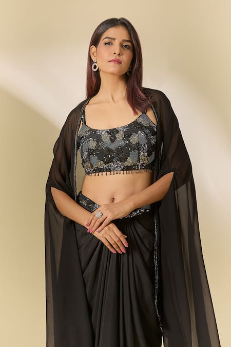 Buy_Samyukta Singhania_Black Organza, Modal Cut Work, Sequins, Embroidered Cape And Draped Skirt Set_Online_at_Aza_Fashions