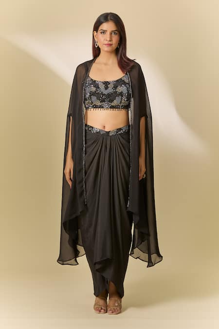 Samyukta Singhania_Black Organza, Modal Cut Work, Sequins, Embroidered Cape And Draped Skirt Set_at_Aza_Fashions