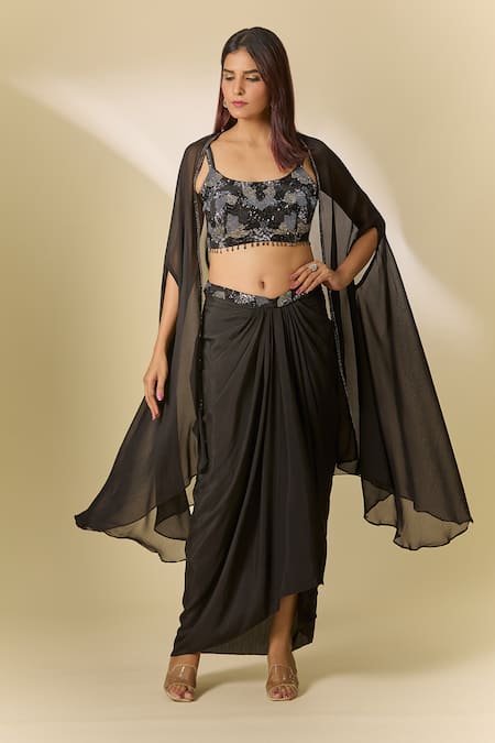 Buy_Samyukta Singhania_Black Organza, Modal Cut Work, Sequins, Embroidered Cape And Draped Skirt Set