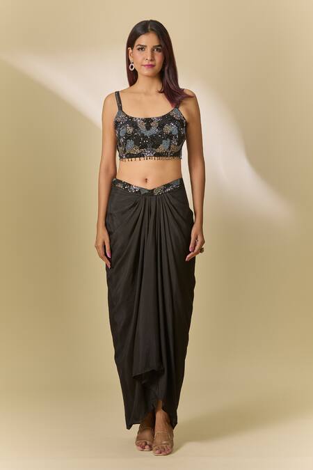 Shop_Samyukta Singhania_Black Organza, Modal Cut Work, Sequins, Embroidered Cape And Draped Skirt Set