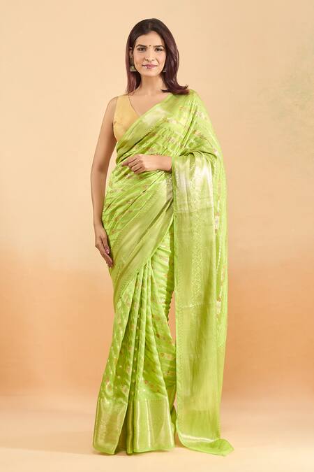 Shop Samyukta Singhania Green Silk Embroidery Woven Floral Saree With Blouse Online at Aza Fashions Shop_Samyukta Singhania_Green Silk Embroidery Woven Floral Saree With Blouse _Online_at_Aza_Fashions
