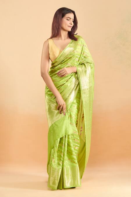 Samyukta Singhania Green Silk Embroidery Woven Floral Saree With Blouse at Aza Fashions Samyukta Singhania_Green Silk Embroidery Woven Floral Saree With Blouse _at_Aza_Fashions
