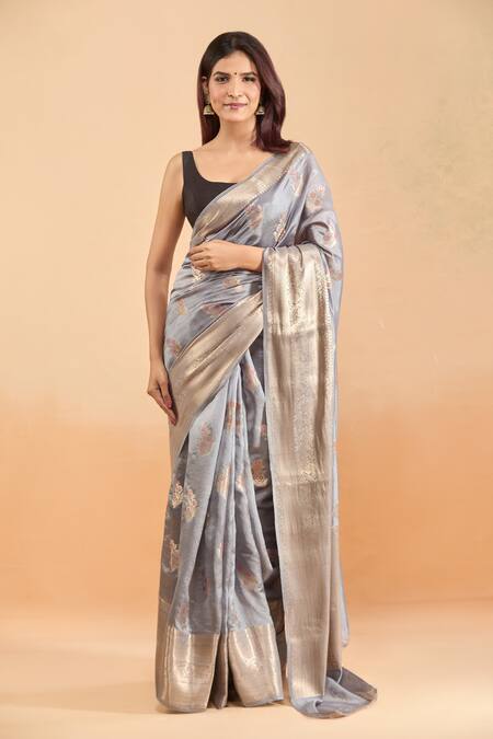 Samyukta Singhania_Gray Silk Embroidery Woven Floral Motif Grey Saree With Blouse _Online_at_Aza_Fashions