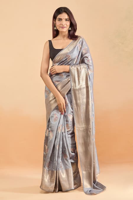Buy_Samyukta Singhania_Gray Silk Embroidery Woven Floral Motif Grey Saree With Blouse _Online_at_Aza_Fashions