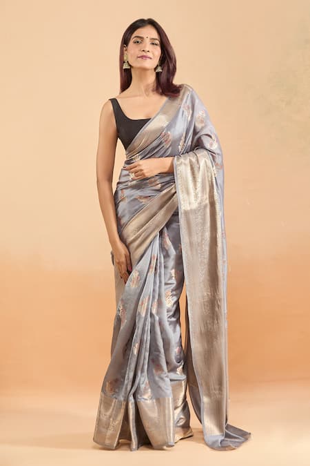 Shop_Samyukta Singhania_Gray Silk Embroidery Woven Floral Motif Grey Saree With Blouse _Online_at_Aza_Fashions