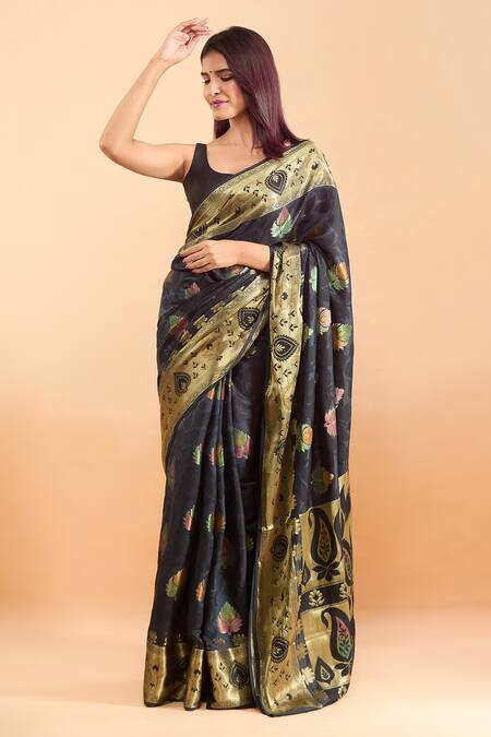 Samyukta Singhania_Black Silk Embroidery Woven Paisley Motif Saree _Online_at_Aza_Fashions