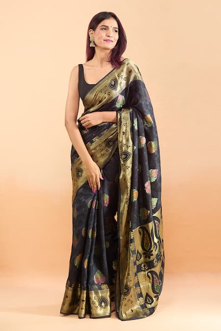 Buy_Samyukta Singhania_Black Silk Embroidery Woven Paisley Motif Saree _Online_at_Aza_Fashions