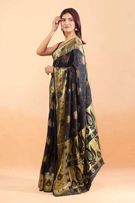 Shop_Samyukta Singhania_Black Silk Embroidery Woven Paisley Motif Saree _Online_at_Aza_Fashions