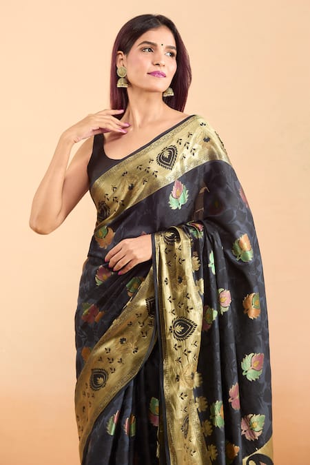 Samyukta Singhania_Black Silk Embroidery Woven Paisley Motif Saree _at_Aza_Fashions