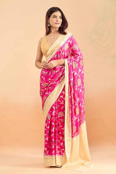 Samyukta Singhania_Pink Cotton, Georgette Embroidery Floral Woven Saree With Blouse _Online_at_Aza_Fashions