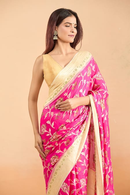 Shop_Samyukta Singhania_Pink Cotton, Georgette Embroidery Floral Woven Saree With Blouse _Online_at_Aza_Fashions