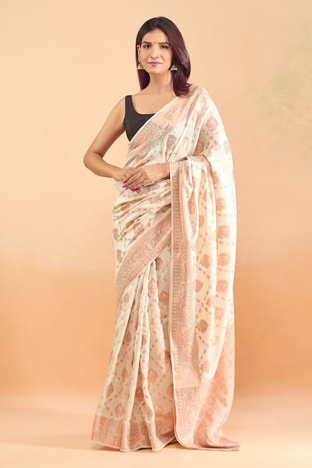 Shop_Samyukta Singhania_Cream Silk, Chanderi Woven Geometric Pattern Saree _Online_at_Aza_Fashions