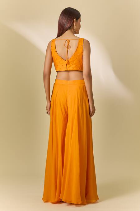 Shop Samyukta Singhania Orange Viscose, Organza Cut Work, Sequins, Cutdana Embroidered Sharara Set at Aza Fashions Shop_Samyukta Singhania_Orange Viscose, Organza Cut Work, Sequins, Cutdana Embroidered Sharara Set_at_Aza_Fashions