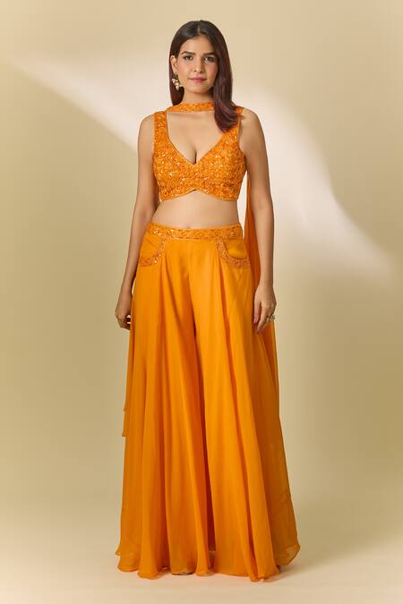 Buy Samyukta Singhania Orange Viscose, Organza Cut Work, Sequins, Cutdana Embroidered Sharara Set Online at Aza Fashions Buy_Samyukta Singhania_Orange Viscose, Organza Cut Work, Sequins, Cutdana Embroidered Sharara Set_Online_at_Aza_Fashions