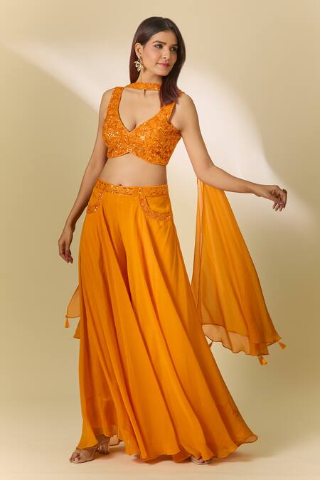 Shop Samyukta Singhania Orange Viscose, Organza Cut Work, Sequins, Cutdana Embroidered Sharara Set Online at Aza Fashions Shop_Samyukta Singhania_Orange Viscose, Organza Cut Work, Sequins, Cutdana Embroidered Sharara Set_Online_at_Aza_Fashions