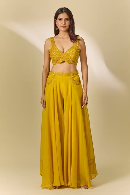 Samyukta Singhania_Yellow Viscose, Organza Cut Work, Sequins, Metallic Embroidered Sharara Set_Online_at_Aza_Fashions