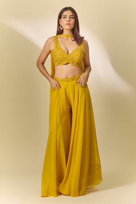 Shop_Samyukta Singhania_Yellow Viscose, Organza Cut Work, Sequins, Metallic Embroidered Sharara Set_Online_at_Aza_Fashions