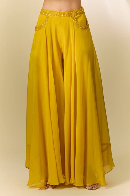 Samyukta Singhania_Yellow Viscose, Organza Cut Work, Sequins, Metallic Embroidered Sharara Set_at_Aza_Fashions