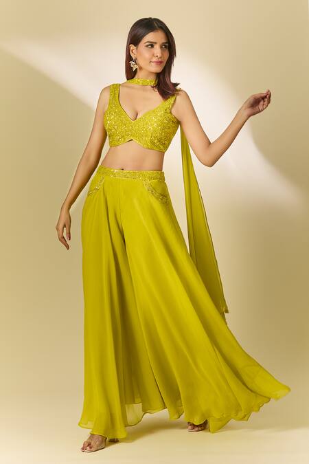 Samyukta Singhania Green Viscose, Organza Cut Work, Sequins, Cutdana Embroidered Sharara Set Online at Aza Fashions Samyukta Singhania_Green Viscose, Organza Cut Work, Sequins, Cutdana Embroidered Sharara Set_Online_at_Aza_Fashions