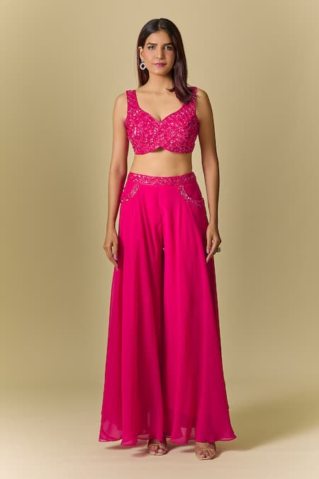 Buy Samyukta Singhania Pink Viscose, Organza Cut Work, Cutdana Embroidered Leaf Neck Sharara Set Online at Aza Fashions Buy_Samyukta Singhania_Pink Viscose, Organza Cut Work, Cutdana Embroidered Leaf Neck Sharara Set_Online_at_Aza_Fashions