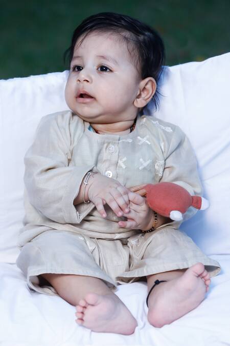 Shop Snuggleme Beige Chanderi Embroidery Bird Kurta Set at Aza Fashions Shop_Snuggleme_Beige Chanderi Embroidery Bird Kurta Set _at_Aza_Fashions