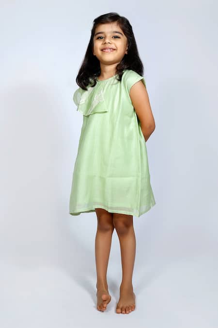 Shop Snuggleme Green Chanderi Embroidery Singing Bird Dress at Aza Fashions Shop_Snuggleme_Green Chanderi Embroidery Singing Bird Dress _at_Aza_Fashions