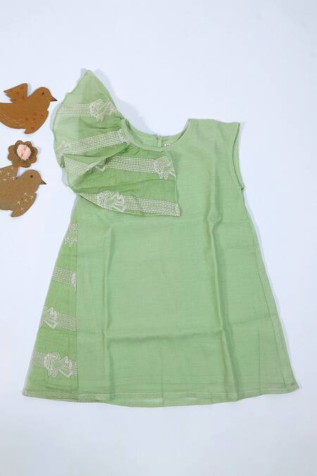 Snuggleme Green Chanderi Embroidery Singing Bird Dress at Aza Fashions Snuggleme_Green Chanderi Embroidery Singing Bird Dress _at_Aza_Fashions