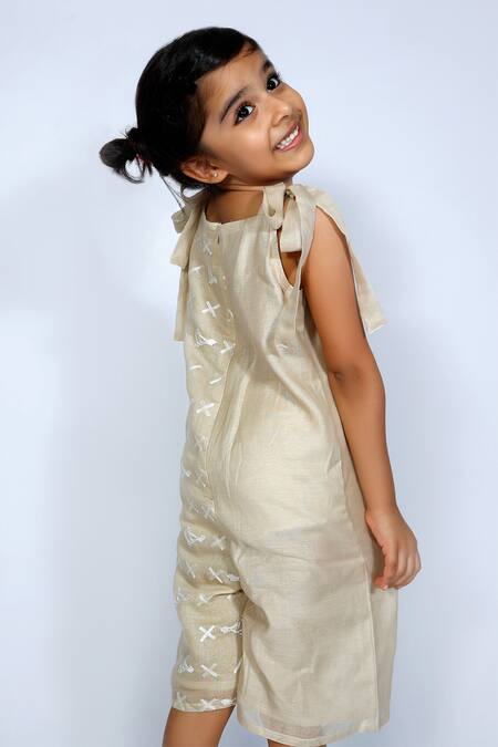 Buy Snuggleme Beige Chanderi Embroidery Feathered Friend Jumpsuit Online at Aza Fashions Buy_Snuggleme_Beige Chanderi Embroidery Feathered Friend Jumpsuit _Online_at_Aza_Fashions