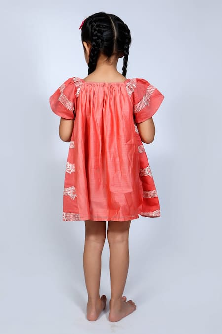 Shop Snuggleme Red Chanderi Embroidery Sky High Bird Dress at Aza Fashions Shop_Snuggleme_Red Chanderi Embroidery Sky High Bird Dress _at_Aza_Fashions