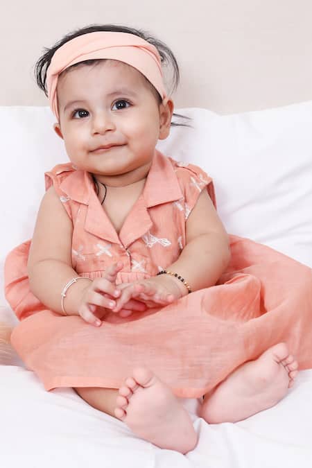 Shop Snuggleme Peach Chanderi Embroidery Flown Bird Dress at Aza Fashions Shop_Snuggleme_Peach Chanderi Embroidery Flown Bird Dress _at_Aza_Fashions