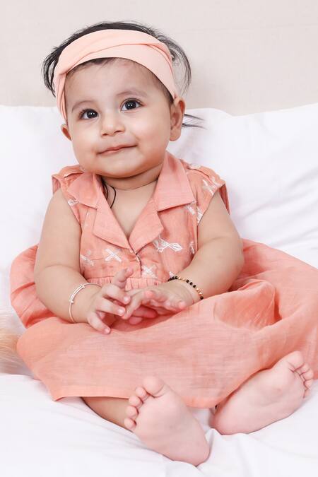 Shop Snuggleme Peach Chanderi Embroidery Flown Bird Dress Online at Aza Fashions Shop_Snuggleme_Peach Chanderi Embroidery Flown Bird Dress _Online_at_Aza_Fashions