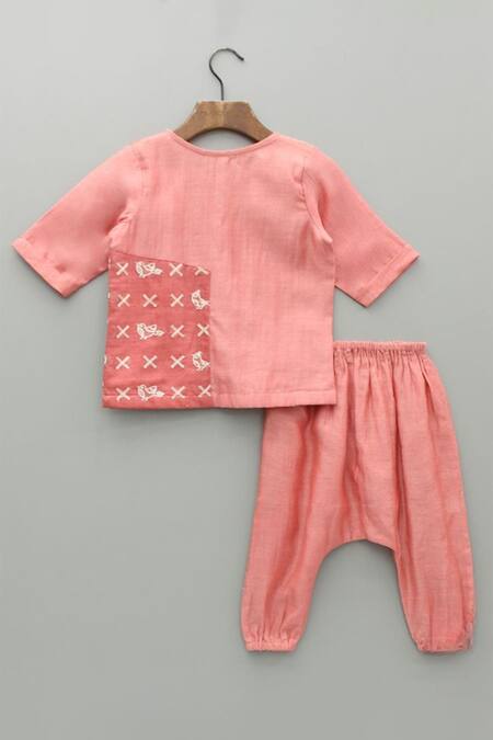 Shop Snuggleme Peach Chanderi Embroidery Bird Fleet Patch Kurta Set at Aza Fashions Shop_Snuggleme_Peach Chanderi Embroidery Bird Fleet Patch Kurta Set _at_Aza_Fashions