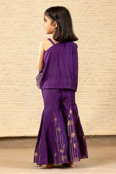 Shop Snuggleme Purple Chanderi Embroidery 3d Bloom One Shoulder Top And Sharara Pant at Aza Fashions Shop_Snuggleme_Purple Chanderi Embroidery 3d Bloom One Shoulder Top And Sharara Pant _at_Aza_Fashions