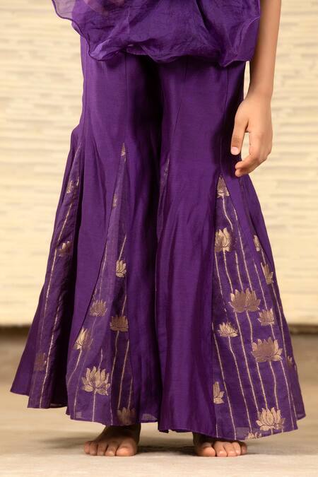 Shop Snuggleme Purple Chanderi Embroidery 3d Bloom One Shoulder Top And Sharara Pant Online at Aza Fashions Shop_Snuggleme_Purple Chanderi Embroidery 3d Bloom One Shoulder Top And Sharara Pant _Online_at_Aza_Fashions