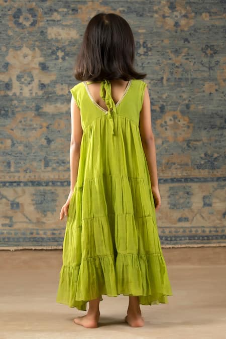Shop Snuggleme Green Chanderi Sequins Lime Lace Tiered Dress at Aza Fashions Shop_Snuggleme_Green Chanderi Sequins Lime Lace Tiered Dress _at_Aza_Fashions