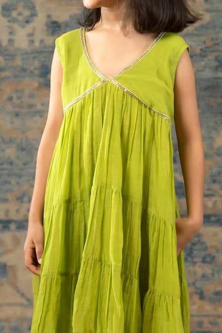 Snuggleme Green Chanderi Sequins Lime Lace Tiered Dress Online at Aza Fashions Snuggleme_Green Chanderi Sequins Lime Lace Tiered Dress _Online_at_Aza_Fashions