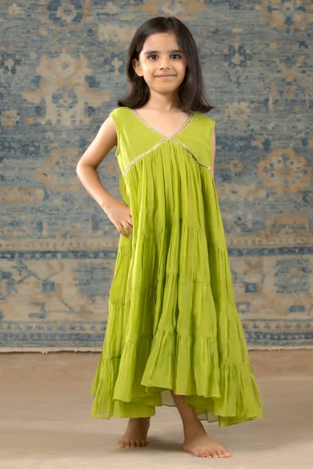 Buy Snuggleme Green Chanderi Sequins Lime Lace Tiered Dress Online at Aza Fashions Buy_Snuggleme_Green Chanderi Sequins Lime Lace Tiered Dress _Online_at_Aza_Fashions