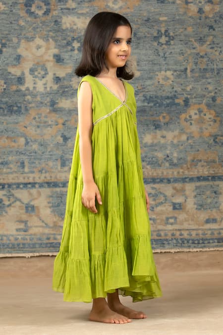 Shop Snuggleme Green Chanderi Sequins Lime Lace Tiered Dress Online at Aza Fashions Shop_Snuggleme_Green Chanderi Sequins Lime Lace Tiered Dress _Online_at_Aza_Fashions