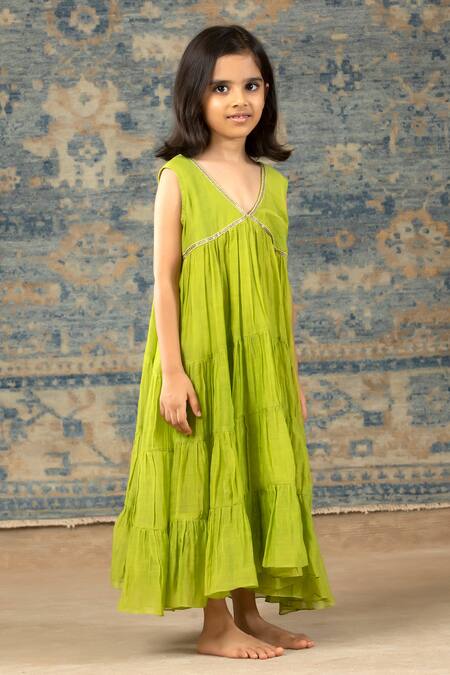 Snuggleme Green Chanderi Sequins Lime Lace Tiered Dress at Aza Fashions Snuggleme_Green Chanderi Sequins Lime Lace Tiered Dress _at_Aza_Fashions