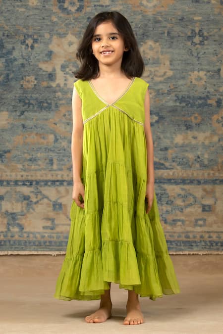 Buy Snuggleme Green Chanderi Sequins Lime Lace Tiered Dress Buy_Snuggleme_Green Chanderi Sequins Lime Lace Tiered Dress